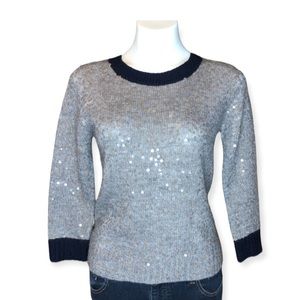 J CREW Sequin Sweater 3/4 Sleeve Pullover Crewneck Holiday Gray Navy Small